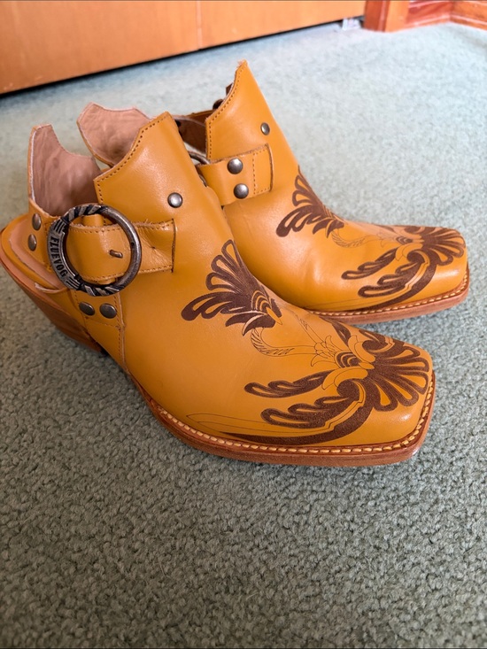 John Fluevog Shoes - John Fluevog Mustard Leather Floral-Tooled Mule Clogs with Buckle